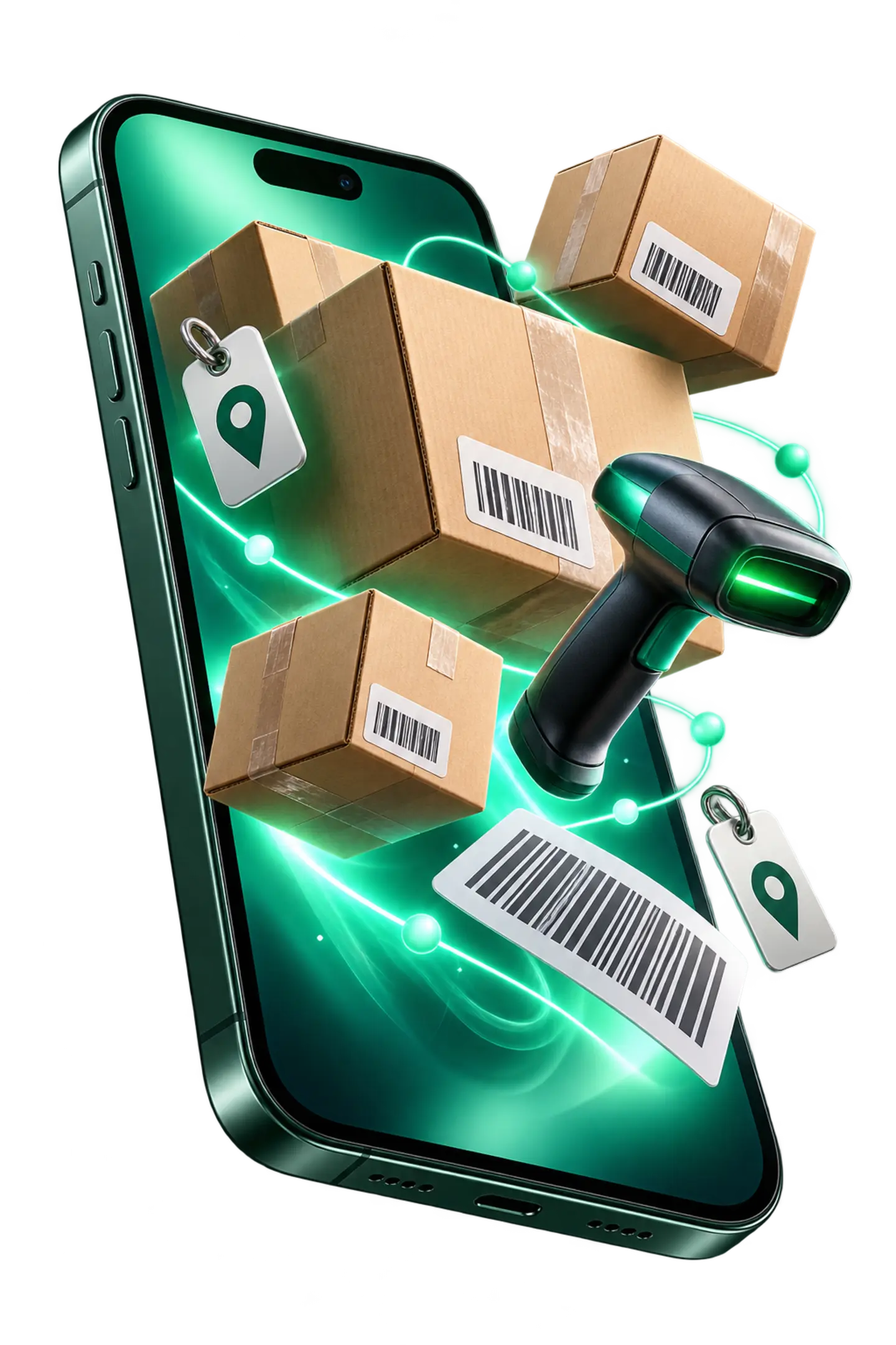 Celular com caixas, etiquetas de localização e leitor de código de barras representando o uso móvel do StockSys